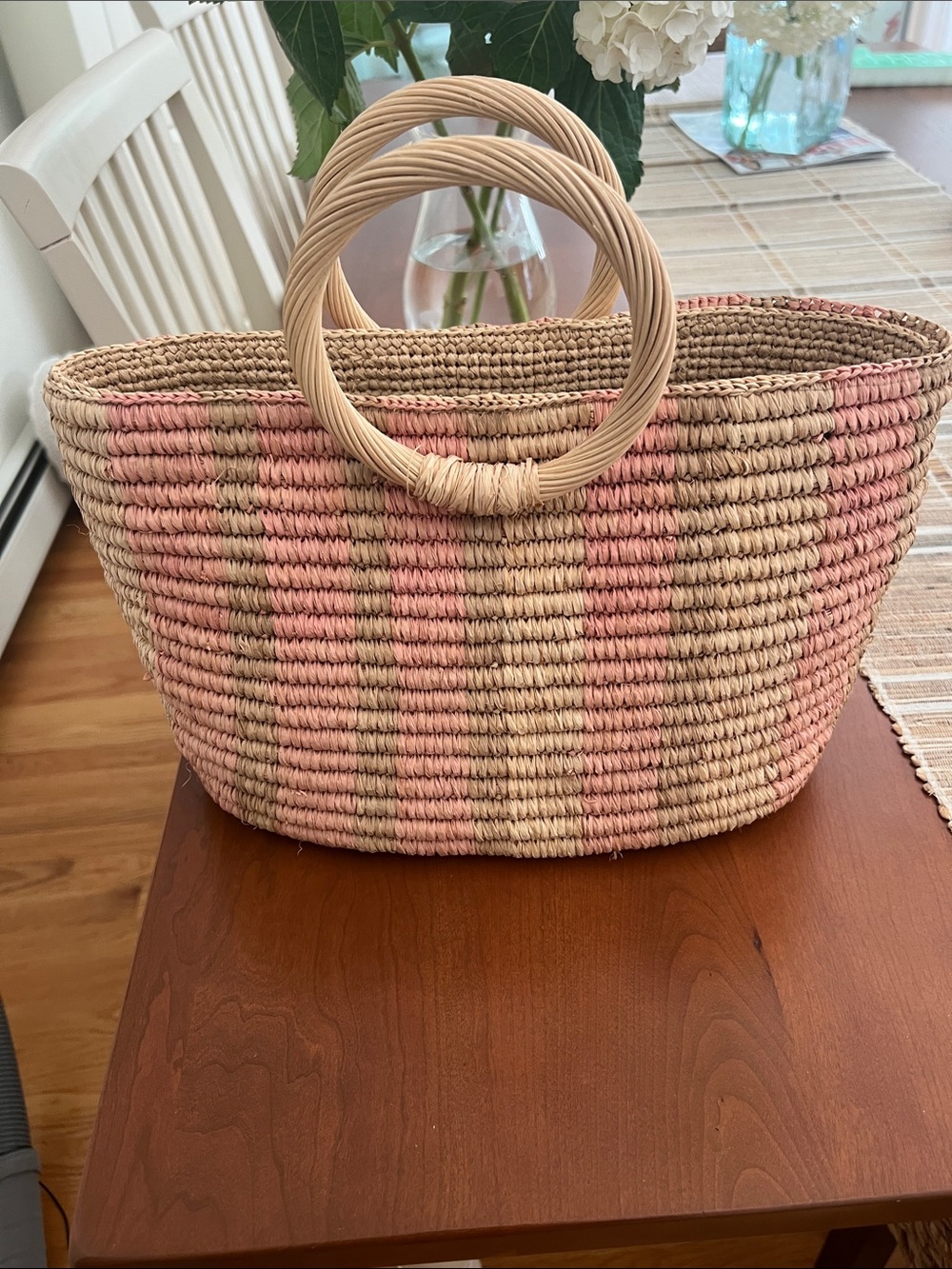 Tommy Bahama Pink and Natural Woven Round-Handle Tote